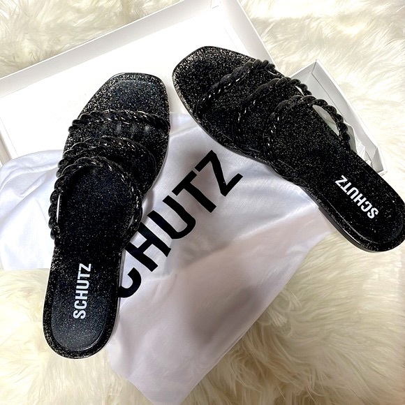 NIB 8B SCHUTZ Glitter jelly black pool slides mules sandalia Diana sandals NEW - Picture 3 of 9